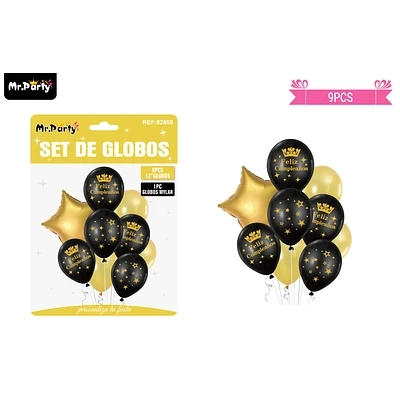 SET GLOBOS DE LATEX DORADO Y NEGRO 9PCS - 1