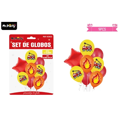 SET GLOBOS DE LATEX VERDE CON COCHES DE BOMBEROS 9PCS - 1
