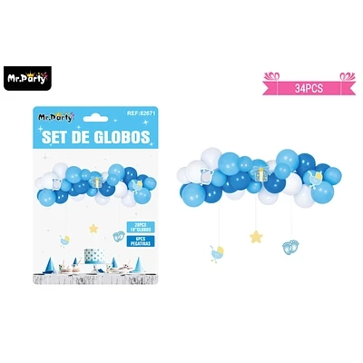ARCO DE GLOBOS LATEX CELESTE PARA BABY SHOWER CON COLGANTES 34PCS - 1
