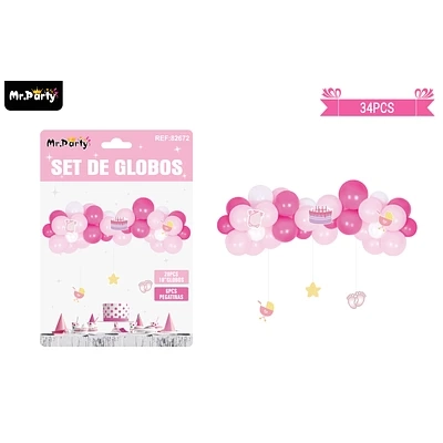 ARCO DE GLOBOS LATEX ROSA PARA BABY SHOWER CON COLGANTES 34PCS - 1