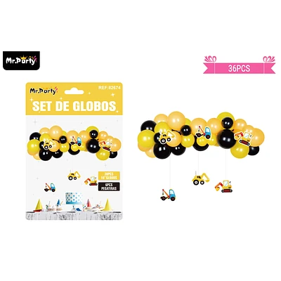 ARCO DE GLOBOS LATEX CON COLGANTES DE EXCAVADORA 36PCS - 1