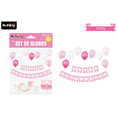 SET DE GLOBOS LATEX Y GUIRNALDA ROSADO 11PCS - 1