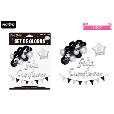 SET DE GLOBOS Y BANDERINES PLATEADO Y NEGRO CON ESTRELLA 21PCS - 1