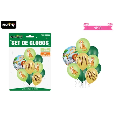 SET GLOBOS DE LATEX VERDE CON ANIMALES 9PCS - 1