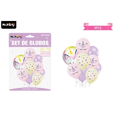 SET GLOBOS DE LATEX ROSA CON UNICORNIO 9PCS - 1