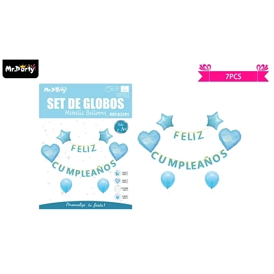 SET DE GLOBOS Y GUIRNALDA AZUL CON ESTRELLA Y CORAZON 7PCS - 1