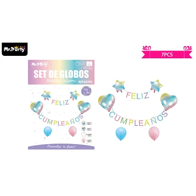 SET DE GLOBOS Y GUIRNALDA COLORIDO CON ESTRELLA Y CORAZON 7PCS - 1