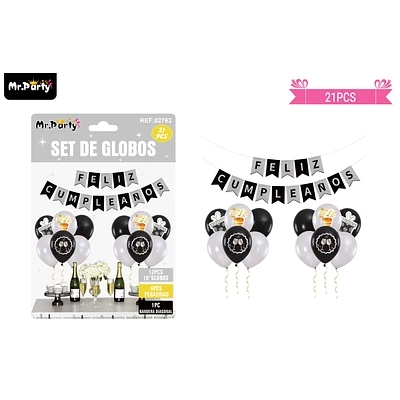 SET DE GLOBOS LATEX Y GUIRNALDA PLATEADO Y NEGRO 21PCS - 1