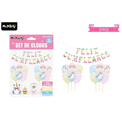 SET DE GLOBOS LATEX Y GUIRNALDA CON UNICORNIO 21PCS - 1
