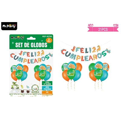 SET DE GLOBOS LATEX Y GUIRNALDA CON DINOSAURIO 21PCS - 1