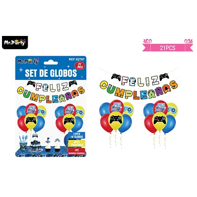 SET DE GLOBOS LATEX Y GUIRNALDA CON JUEGO 21PCS - 1