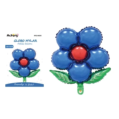 GLOBO METALICO FLOR CON HOJA AZUL 45CM - 1