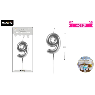 VELA DE NUMERO 9 PLATEADO 3.8*6CM - 1