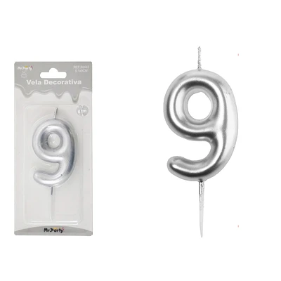 VELA DE NUMERO 9 PLATEADO 3.8*6CM - 2
