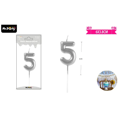 VELA DE NUMERO 5 PLATEADO 3.8*6CM - 1
