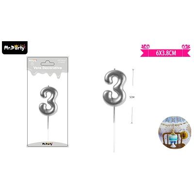VELA DE NUMERO 3 PLATEADO 3.8*6CM - 1