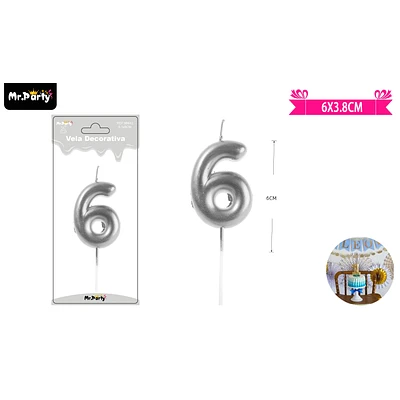 VELA DE NUMERO 6 PLATEADO 3.8*6CM - 1