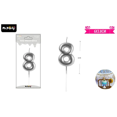 VELA DE NUMERO 8 PLATEADO 3.8*6CM - 1