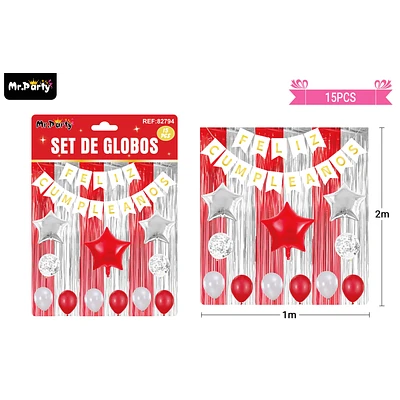 SET DE GLOBOS Y GUIRNALDA CON CORTINA ROJO PLATEADO 15PCS - 1