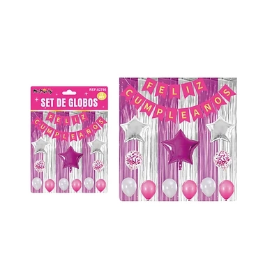 SET DE GLOBOS Y GUIRNALDA CON CORTINA FUCSIA PLATEADO 15PCS - 1
