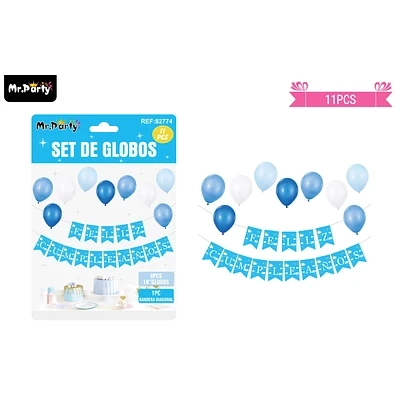 SET DE GLOBOS LATEX Y GUIRNALDA AZUL 11PCS - 1