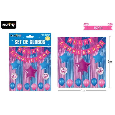 SET DE GLOBOS Y GUIRNALDA CON CORTINA ROSA AZUL 15PCS - 1