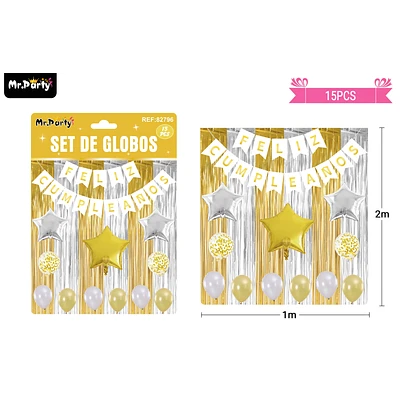 SET DE GLOBOS Y GUIRNALDA CON CORTINA DORADO PLATEADO 15PCS - 1