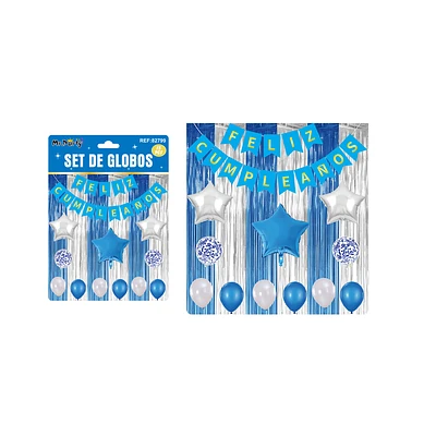 SET DE GLOBOS Y GUIRNALDA CON CORTINA AZUL PLATEADO 15PCS - 1