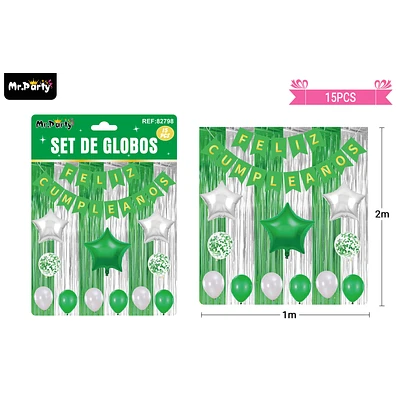 SET DE GLOBOS Y GUIRNALDA CON CORTINA VERDE PLATEADO 15PCS - 1