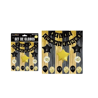 SET DE GLOBOS Y GUIRNALDA CON CORTINA NEGRO DORADO 15PCS - 1