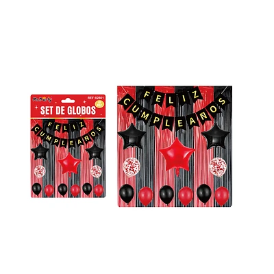 SET DE GLOBOS Y GUIRNALDA CON CORTINA ROJO NEGRO 15PCS - 1