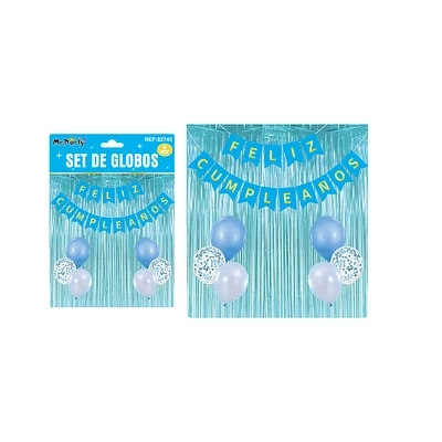 SET DE GLOBOS Y GUIRNALDA CON CORTINA CELESTE 9PCS - 1
