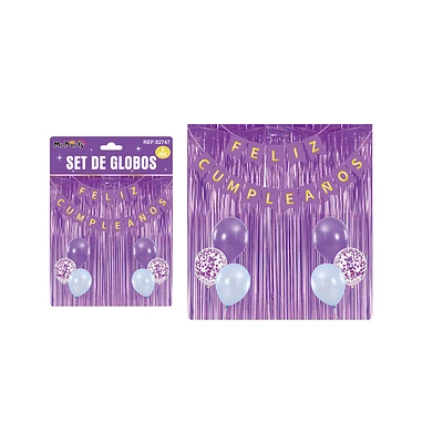 SET DE GLOBOS Y GUIRNALDA CON CORTINA MORADO 9PCS - 1