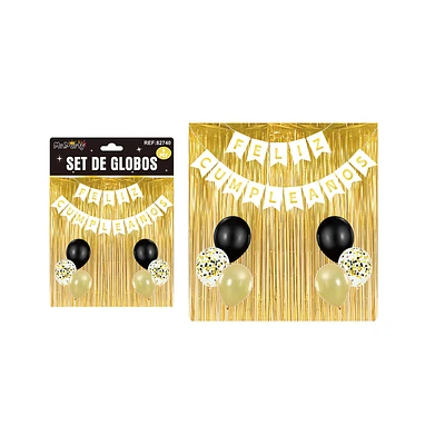 SET DE GLOBOS Y GUIRNALDA CON CORTINA DORADO 9PCS - 1