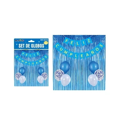SET DE GLOBOS Y GUIRNALDA CON CORTINA AZUL 9PCS - 1