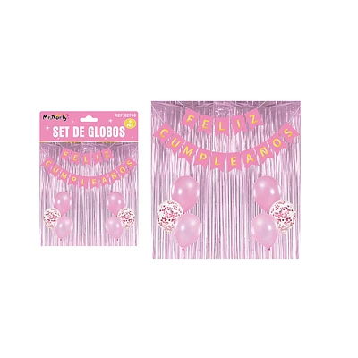 SET DE GLOBOS Y GUIRNALDA CON CORTINA ROSA 9PCS - 1