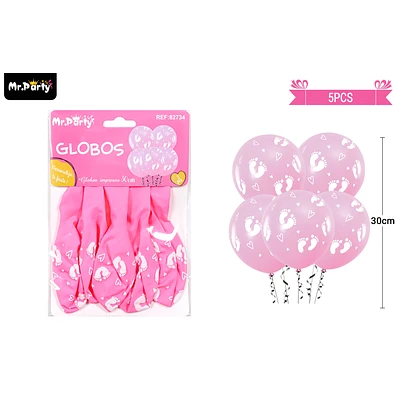 GLOBOS DE LATEX MATE ROSADO BABY SHOWER CON ESTAMPADO DE HUELLA BLANCO 30CM 5PCS - 1