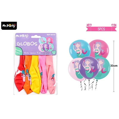 GLOBOS DE LATEX MATE MULTICOLOR CON SIRENA 30CM 5PCS - 1