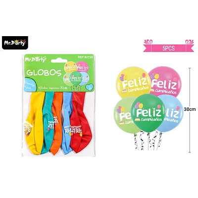 GLOBOS DE LATEX CUMPLEAÑOS MULTICOLOR MATE 30CM 5PCS - 1