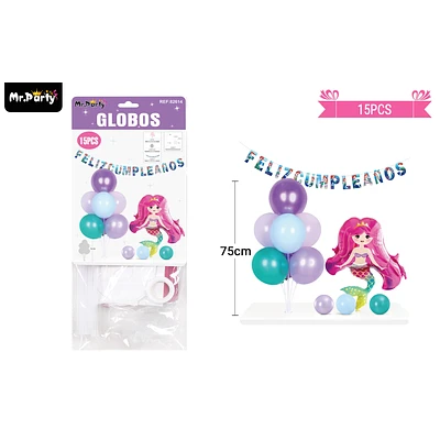 SET DE GLOBOS CON BASE Y GUIRNALDA SIRENA 15PCS - 1