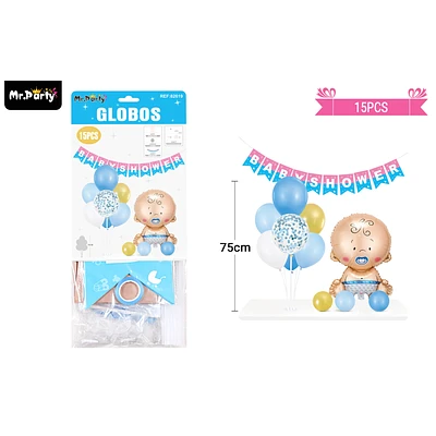 SET DE GLOBOS CON BASE Y GUIRNALDA BABY SHOWER AZUL 15PCS - 1
