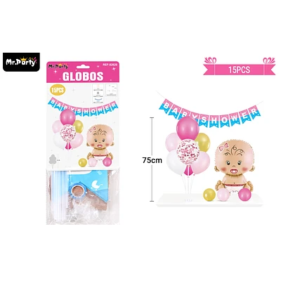 SET DE GLOBOS CON BASE Y GUIRNALDA BABY SHOWER ROSADO 15PCS - 1