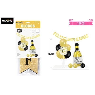 SET DE GLOBOS CON BASE Y GUIRNALDA NEGRO Y DORADO 15PCS - 1