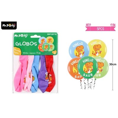 GLOBOS DE LATEX MATE MULTICOLOR CON DINOSAURIOS 30CM 5PCS - 1