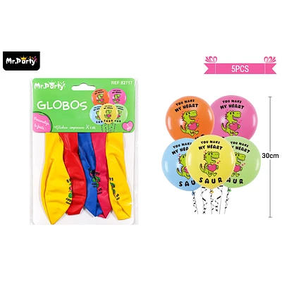 GLOBOS DE LATEX MATE MULTICOLOR CON DINOSAURIOS 30CM 5PCS - 1