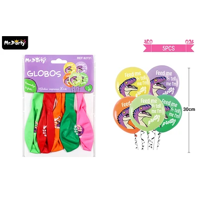 GLOBOS DE LATEX MATE MULTICOLOR CON DINOSAURIOS 30CM 5PCS - 1