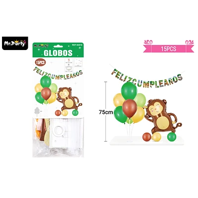 SET DE GLOBOS CON BASE Y GUIRNALDA MONO 15PCS - 1
