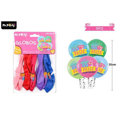 GLOBOS DE LATEX CUMPLEAÑOS MULTICOLOR MATE 30CM 5PCS - 1