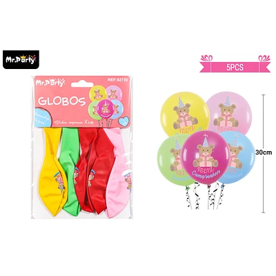 GLOBOS DE LATEX CUMPLEAÑOS MULTICOLOR MATE CON OSO 30CM 5PCS - 1