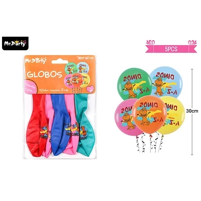 GLOBOS DE LATEX MATE MULTICOLOR CON DINOSAURIOS 30CM 5PCS - 1